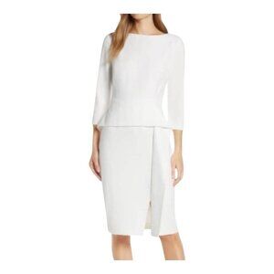 Vince Camuto Size 10 Ivy White Peplum 3/4 Sleeve Split Leg Sheath Dress